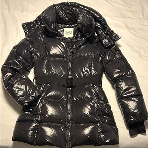 SAM. Women's Shiny Black Belted Puffer Coat